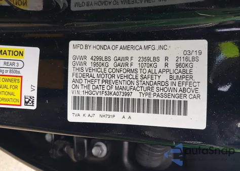 2019 Honda Accord Ex-L from USA, damaged, VIN 1HGCV1F53KA073997